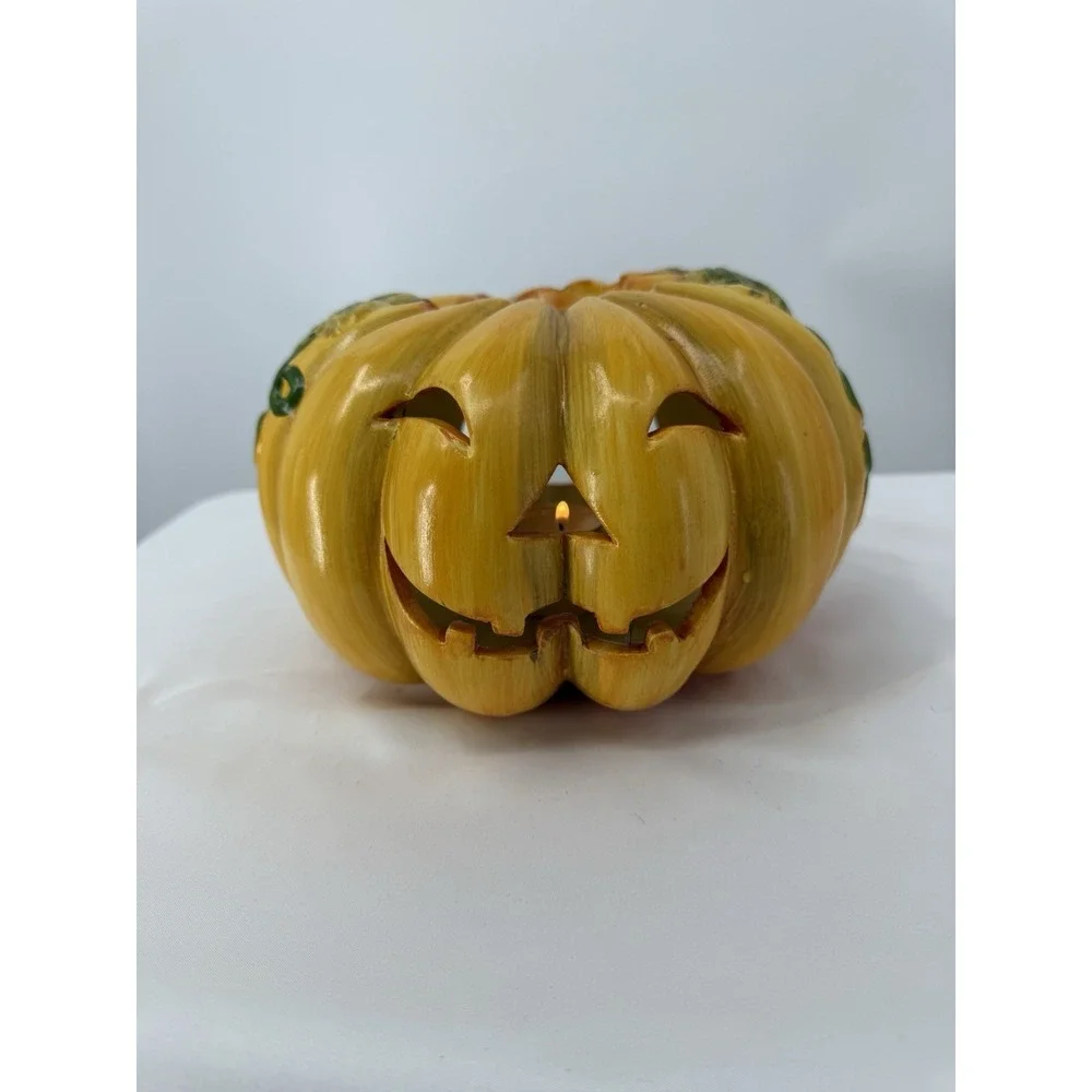 Ceramic Smiling Jack O‎ Lantern Votive Candle Holder Light Orange Color